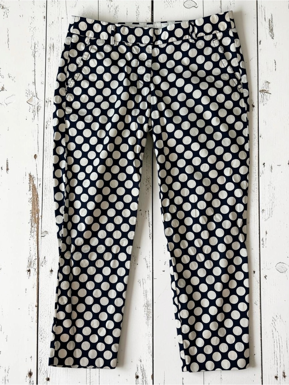 J.Crew City Fit Polka Dot Pants Size 4 Navy Cream Stretch Cropped Ankle